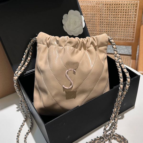 

oil wax leather women designer mini shopping bag v-shaped stripes black/silver letters metal hardware string crossbody shoulder handbag luxu