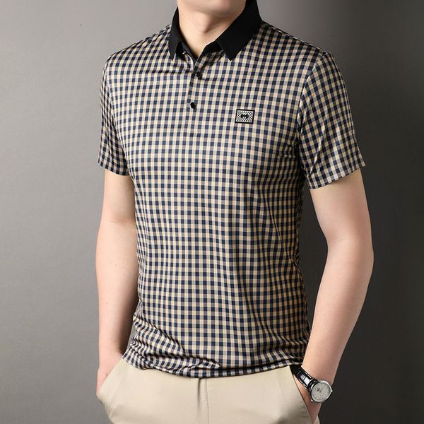 

men's polos mlshp summer plaid printed high elasticity men's polo shirts luxury short sleeve business casual golf man t-shirts mal, White;black