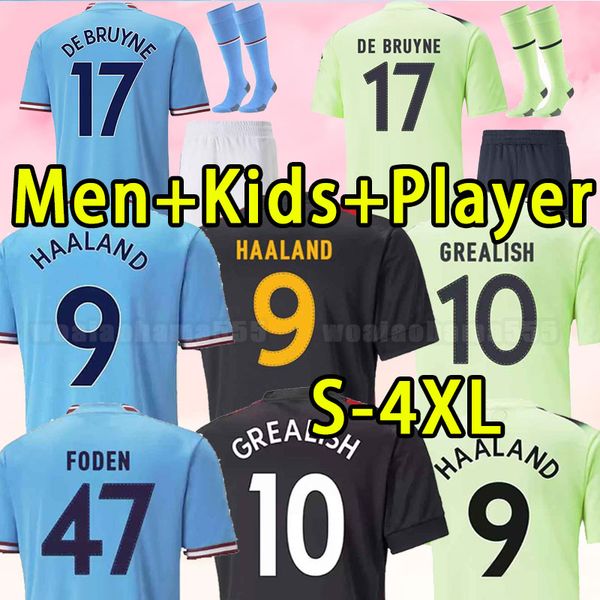 

fans player version haaland soccer jerseys 22 23 de bruyne mans cities grealish mahrez foden ferran 2022 2023 football shirt uniforms men ki, Black;yellow