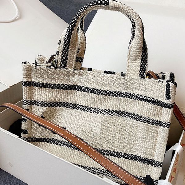

striped textile tote bag canvas jacquard handbag shoulder crossbody bags fashion letter genuine leather adjustable strap inner flat pocket o