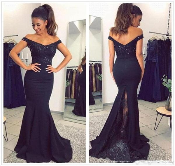 

navy blue off shoulder satin mermaid prom dresses lace applique beaded sweep train formal party evening bridesmaid gowns1158281, Black