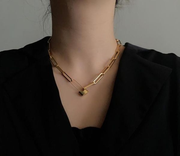 

women fashion chokers chain necklace jewlery gold silver color lock pendant pin chain necklace punk style lovers gift hip hop jewe3179987, Golden;silver