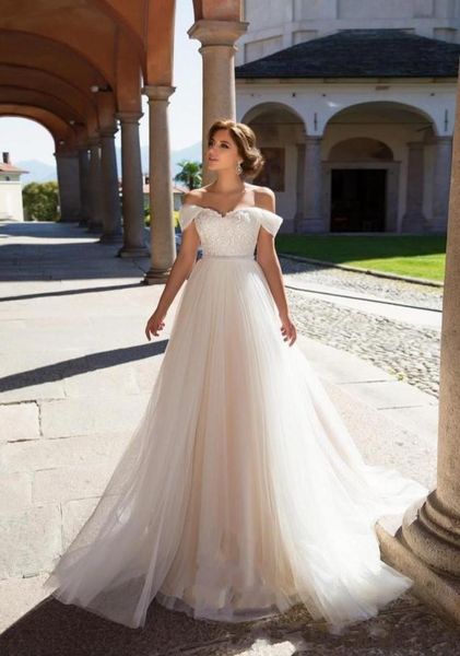

2020 a line summer bohemian beach wedding dresses off shoulder lace appliques beads corset back plus size tulle formal bridal3156614, White