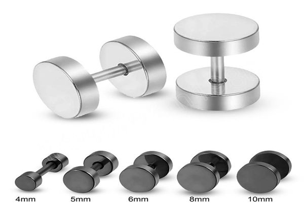

5pcsset man women barbell gothic stainless steel ear stud earrings black dumbbell screw fake cheater ear plug piercing jewelry6181259, Golden;silver