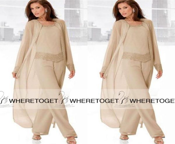 

2019 champagne three pieces mother of the bride pant suits with long jackets long sleeve beaded chiffon mother plus size wedding g4195130, Black;red