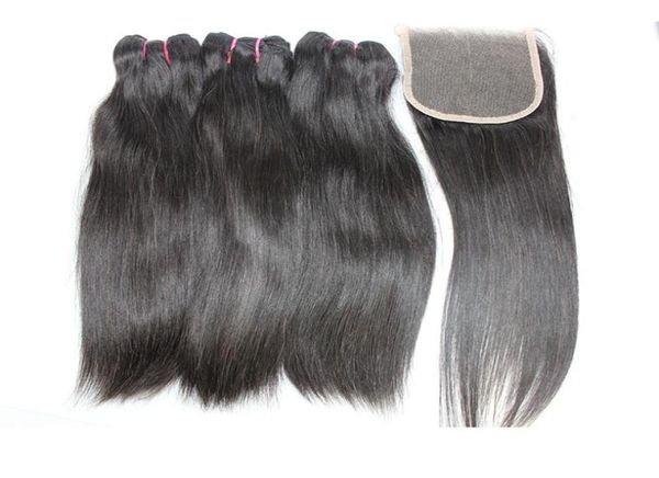 

super double drawn human hair bundles with closure straight brazilian virgin human hair wefts with 4x4 hair closure natural color 1708207, Black
