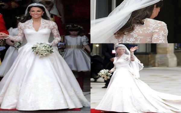 

classic 2021 white a line wedding dresses v neck sheer long sleeve appliqued lace kate middleton buttons back royal bridal g7306255
