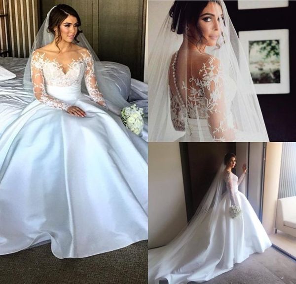 

see through long sleeve new lace princess ball gown wedding dress satin appliques custom made bridal detachable train5715105, White