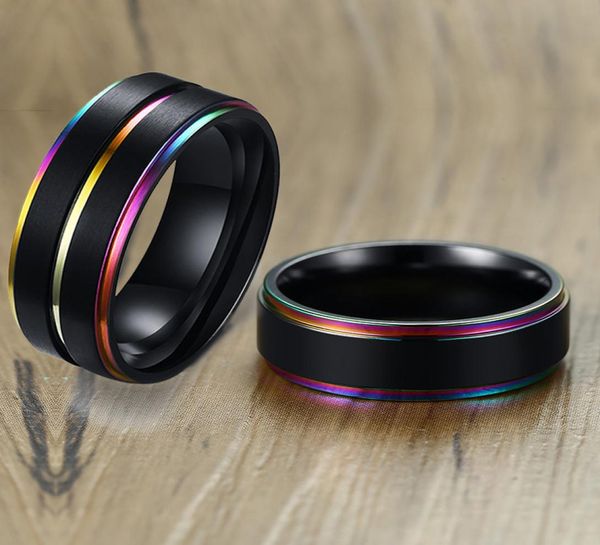 

fashion vnox black stainless steel basic ring for men with rainbow line classic male wedding band multi color jewelry rings9106164, Golden;silver