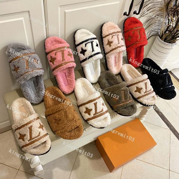

paseo flat comfort mule designer fur slipper women wool slides furry fluffy sandals winter letter flip flops with box, Black