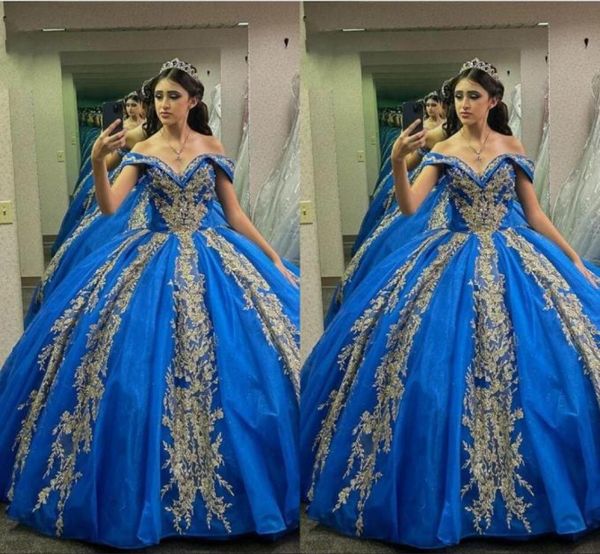 

2023 royal blue and gold quinceanera dresses off the shoulder floral applique beads pearls princess sweet 16 dress prom party6479553, Blue;red