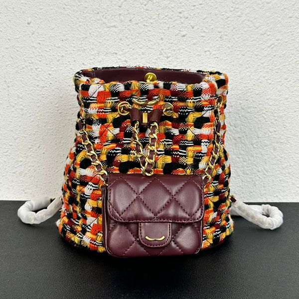 

2in1 colorful knitting wool tweed designer bucket bag with litter leather coin purse drawstring gold metal hardware turn lock shoulder handb