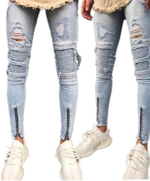 

2020 brand designer slim fit ripped jeans men histreet mens distressed denim joggers knee holes washed destroyed jeans19301460, Blue