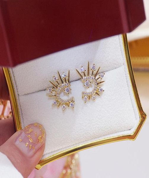 

stud trendy fine shiny sun flower earrings for women designer creativity luxury jewelry inlaid zircon s925 needle5031593, Golden;silver