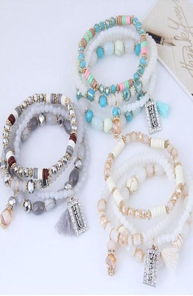 

bohemian beaded bracelet multilayer crystal bangle charm stretch summer beach chain stackable boho tassel bracelets jewelry set5047954, Black