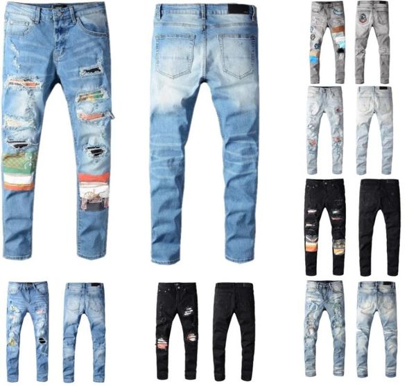 

mens jeans distressed motorcycle biker jeans rock skinny slim ripped hole fashionable embroidery denim pants6848293, Blue