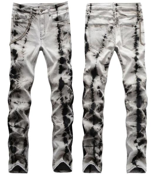 

men039s jeans street fashion hip hop snowflake graphic chain decoration elastic slim jean man pantalon homme noir summer235t1662321, Blue