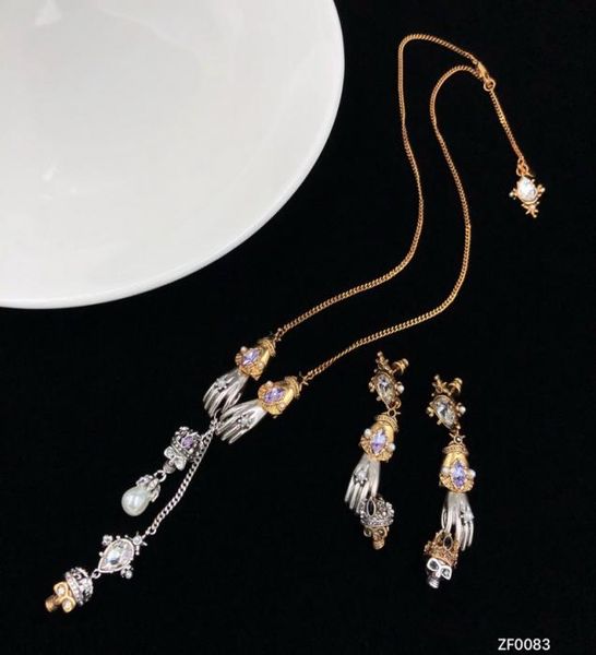 

new designed pearl crown skull pendants women039s necklace tassel earrings ladies baroque ghost hand sweater chain designer jew3130244, Silver