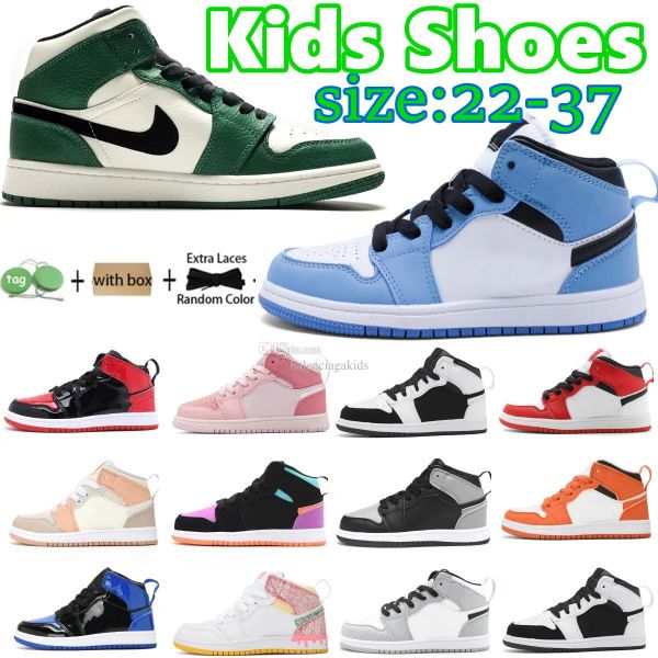 

1s kids shoes jumpman 1 mid toddlers boys girls youth basketball sneakers chicago university blue black white patent bred green children des