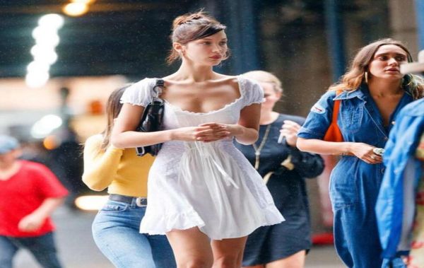 

2018 summer dress bella hadid white beach dress slash neck ruffles lace elegant dresses off shoulder a line party dress boho y19016284304, Black;pink