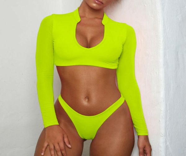 

7 color mesh long sleeve neon bikini set two piece swimsuits for women pad swimwear female 2019 high waist rash guard beachwear3366141