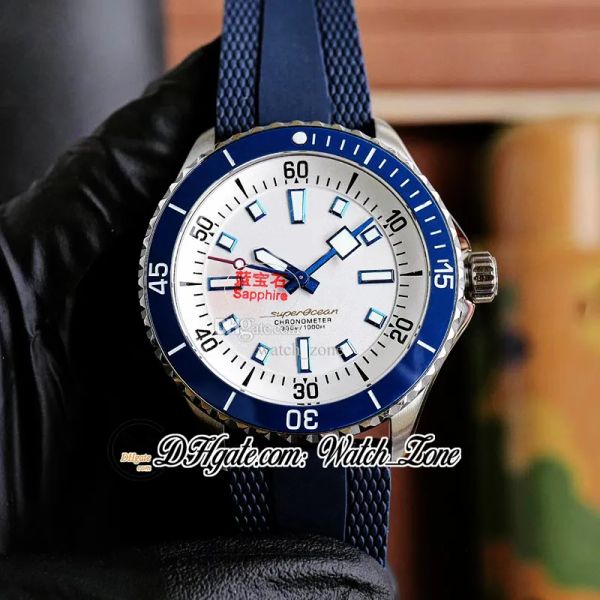 

new dive superocean 44 a17375e71g1s1 automatic mens watch white dial blue ceramic bezel steel case rubber strap gent watches watchzone c145b, Slivery;brown