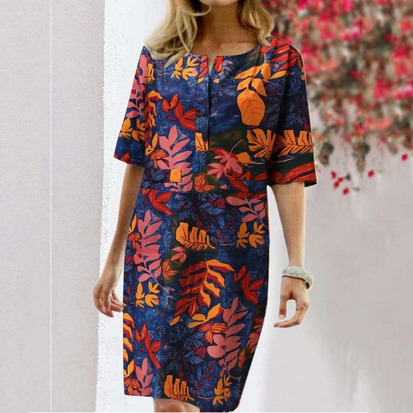 

womens floral print slit round neck half sleeve retro dress, Black;gray
