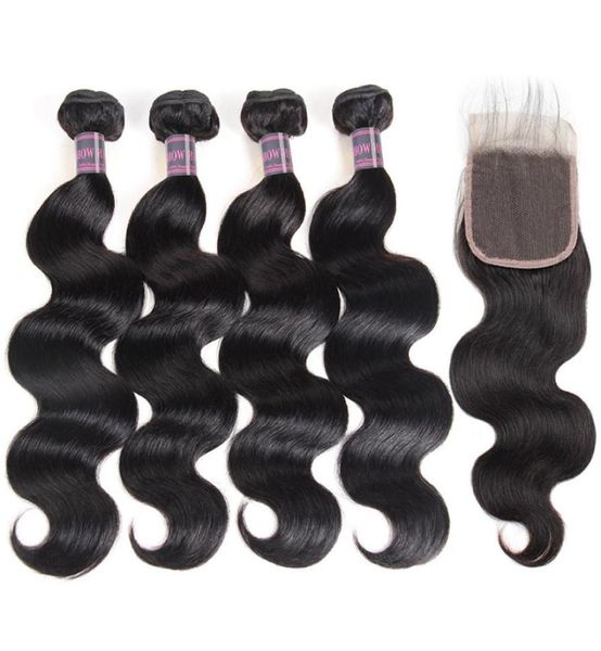 

brazilian body wave human bundles with closure peruvian hair 4pcs with closure malaysian body wave human hair extensions whole13755477009, Black