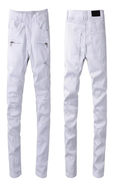 

designer luxury mens jeans brand washed design white slimleg denim pants lightweight stretch skinny motorcycle biker jean trouser7966059, Blue