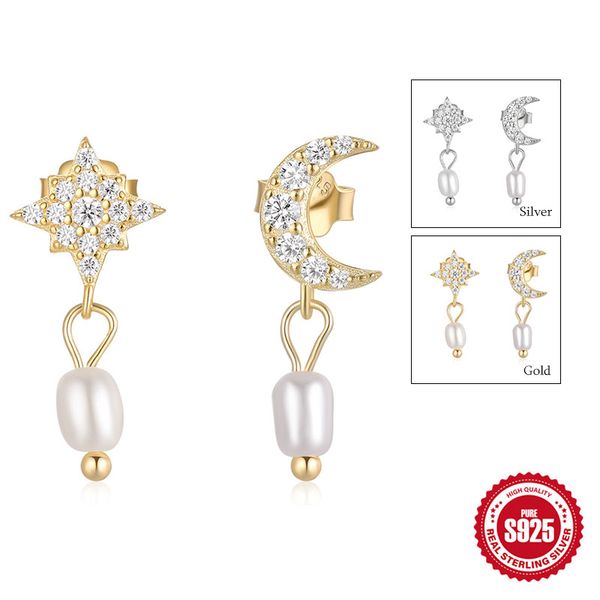 

authentic 925 sterling silver pearl earrings cz crystal moon star design ear studs for women wedding dangle earring studs ing, Golden;silver