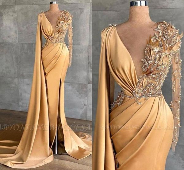 

stunning gold yellow prom evening dresses deep v neck sheer long sleeve beaded crystals luxury party celebrity gowns bc9469 06156040198, Black