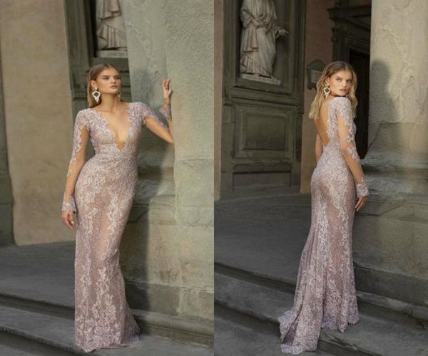

2020 berta prom dresses deep v neck lace appliqued beads backless mermaid evening gowns long sleeve formal party dress6503412, Black