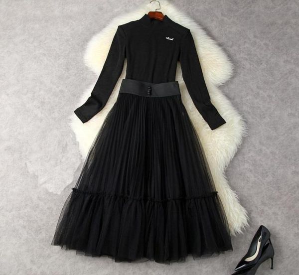 

casual dresses 2022 fashion designer spring skirt set women black knitting dresshigh waist mesh office lady2336900, Black;gray