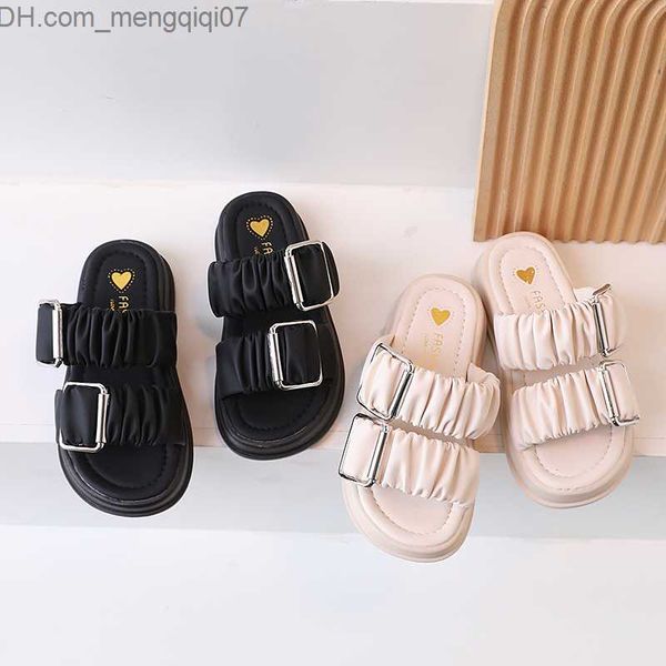 

slipper girls' slider pleated buckle fashion ointment beige children' slider summer outdoor 26-36 fashion children' shoes z, Black;grey