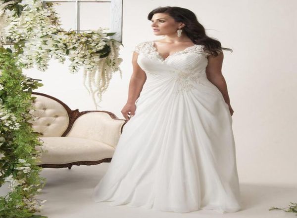 

elegant plus size aline chiffon wedding dresses lace appliqued beach bridal gowns open back laceup bridal dresses customized swe5911839, White