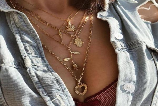 

minimalist multilayer necklaces heart hand star leaf pendants clavicle chain necklace fashion8429611, Silver