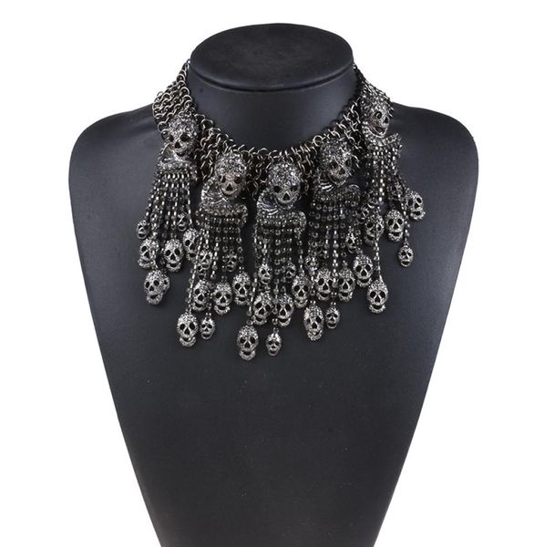 

luxury crystal rhinestone skull tassel choker necklace women maxi chunky chains fringe statement large collar necklaces pendants4500363, Silver