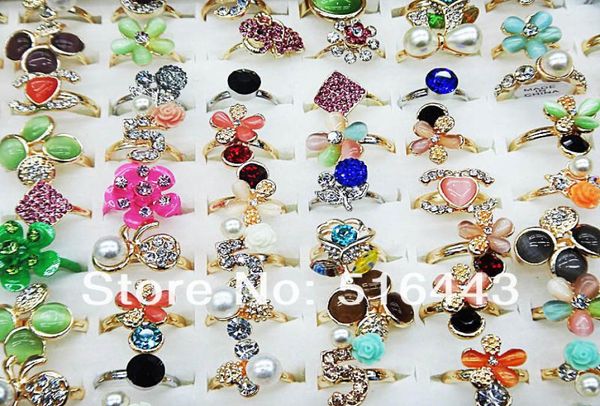 

whole 50pcs charms crystal czech rhinestones pearl stones women gold p rings adjustable fashion jewelry lots a4703699475, Golden;silver