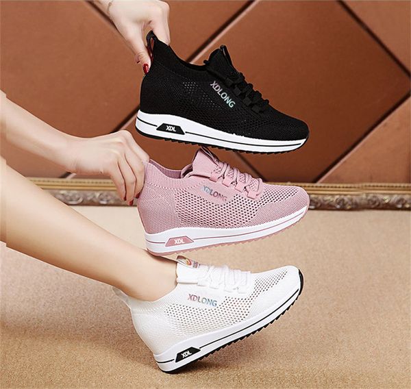 

women's casual shoes summer new-style high-rise sports shoes women's fashion korean version of flying weaving breathable wear-resi, Black