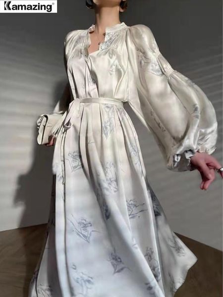 

swimwear elegant french printed midi dresses women 2023 summer new lantern sleeve oneck lace up vestidos korean satin one piece dress, White;black