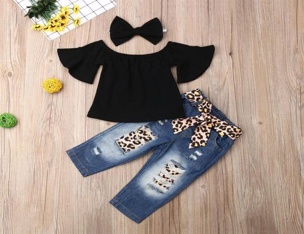 

retailwhole girl leopard jeans tracksuit 3pcs set clothing sets flare sleeve ash pantbow headband girls outfits childre3426264, White