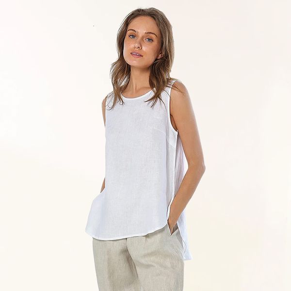 

women's tanks camis women 100% linen tank casual summer sleeveless female clothing solid o-neck tee shirt irregular hem loose m30728 2, White