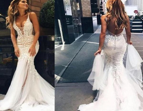 

lace mermaid wedding dresses spaghetti straps appliques v neck backless bridal gowns custom made sweep train formal wedding g3954293, White