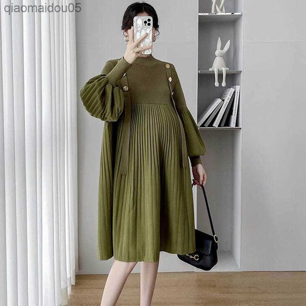 

maternity wear autumn and winter new dress plus size sweater loose slim pleated skirt fashion knitted skirt maternity clothes l230712, White