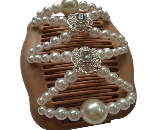 

women magic double hair comb imitation wood pearl clip stretchy hairpin bead diy c6ud6751533, Golden;white
