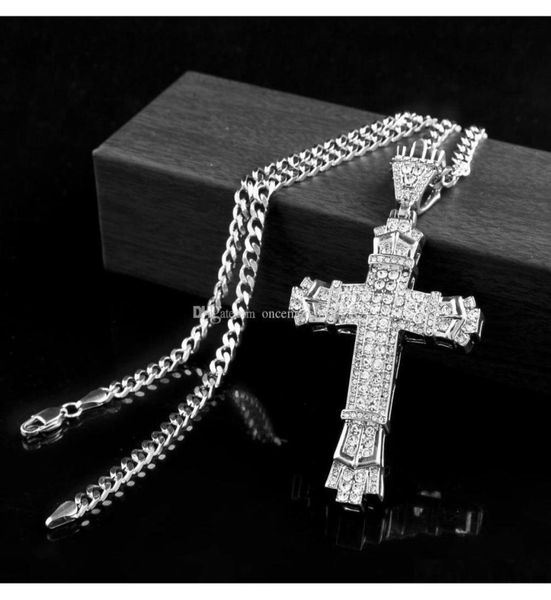 

silver hip hop cross charm pendant full ice out cz simulated diamonds catholic crucifix christian pendant necklace with long cuban2897295