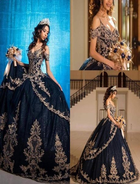 

2021 navy blue bling quinceanera dresses ball gown off shoulder gold embroidery crystal beads open back sweet 16 vestido de 15 ano4172468, Blue;red
