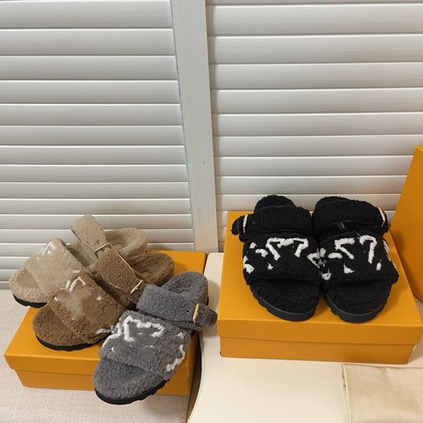 

brown beige paseo flat comfort mule slippers monograms black logo shearling fur slides designer women sandal paris chunky flats flip flops h
