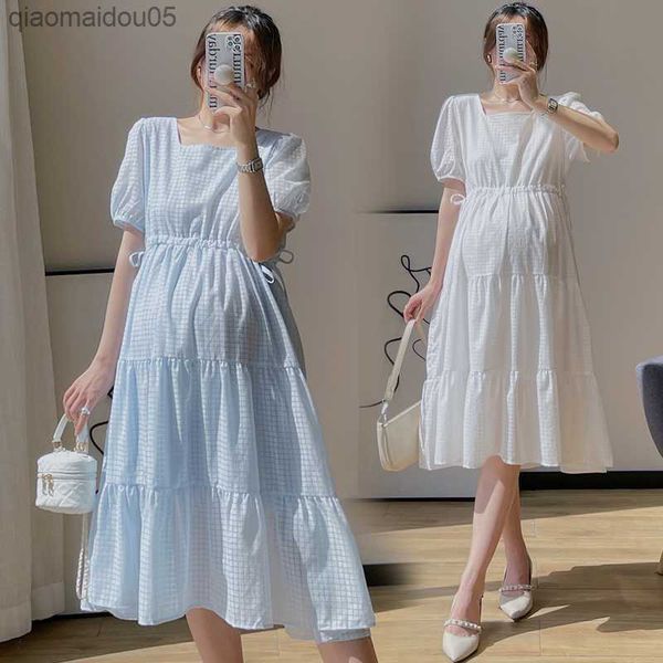 

6640# maternity clothes summer cotton o neck solid color short sleeve loose stylish dress for pregnant women mom dress l230712, White