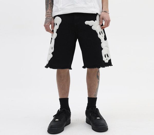 

embroidery blue black jeans shorts for men pockets retro ripped casual denim knee length pants oversized2795383